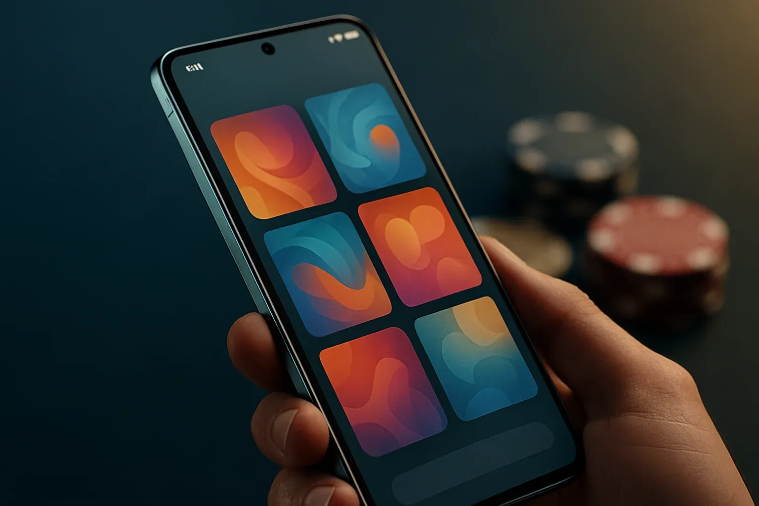 Flagship Android smartphone displaying vivid casino app interface in dramatic lighting