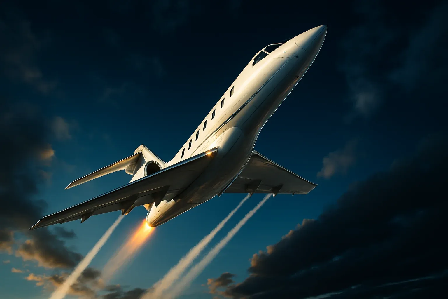 Sleek white jet aircraft climbing steeply in dramatic blue sky
