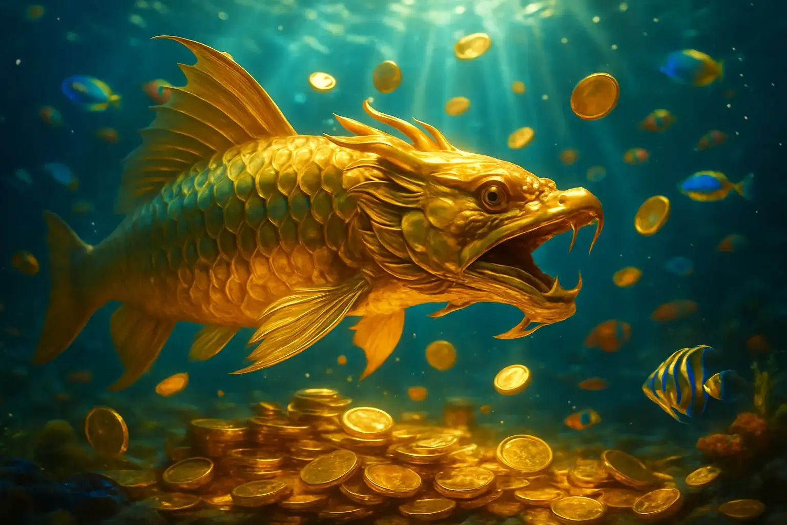 Massive golden dragon fish swimming among treasure in vivid underwater scene