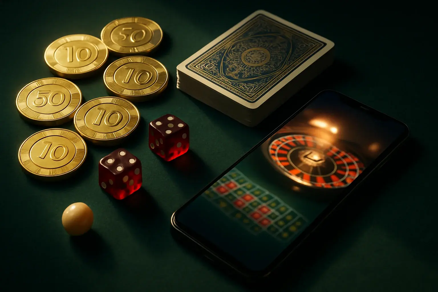 Top-down casino table with gold chips, cards, dice, roulette ball, smartphone