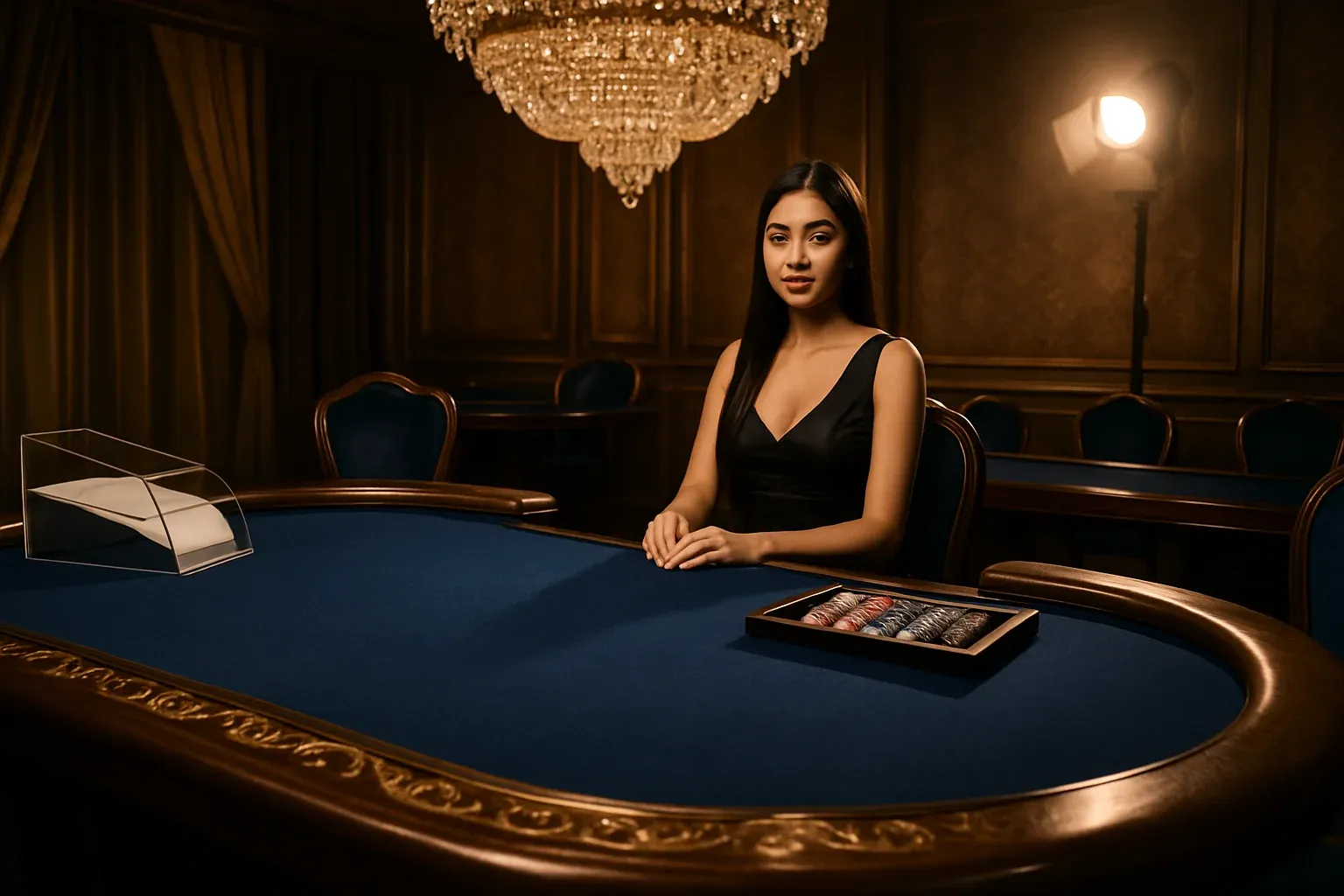 Hyperrealistic premium live baccarat studio in the Philippines with blue felt table