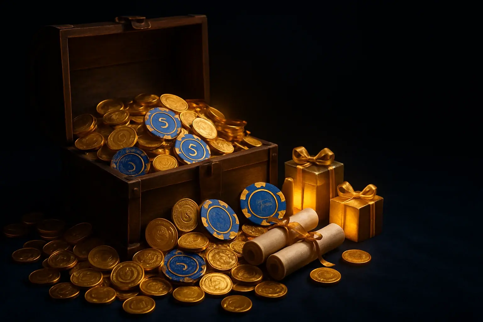 Overflowing treasure chest with gold coins, casino chips, vouchers, and gifts