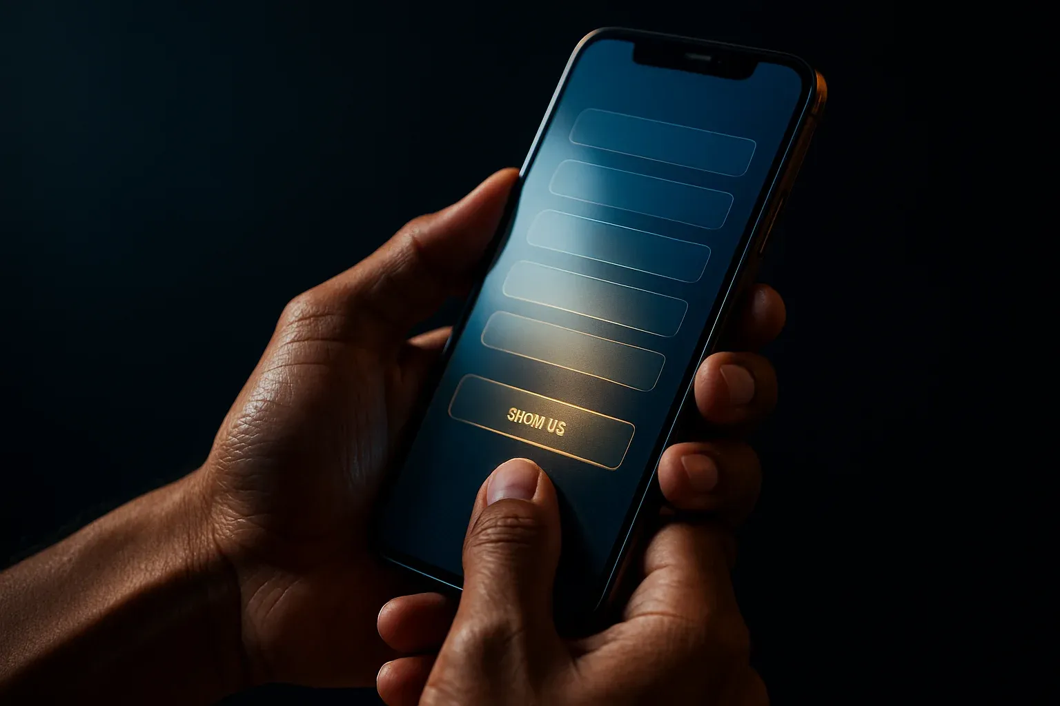 Filipino man's hands holding smartphone with glowing registration interface