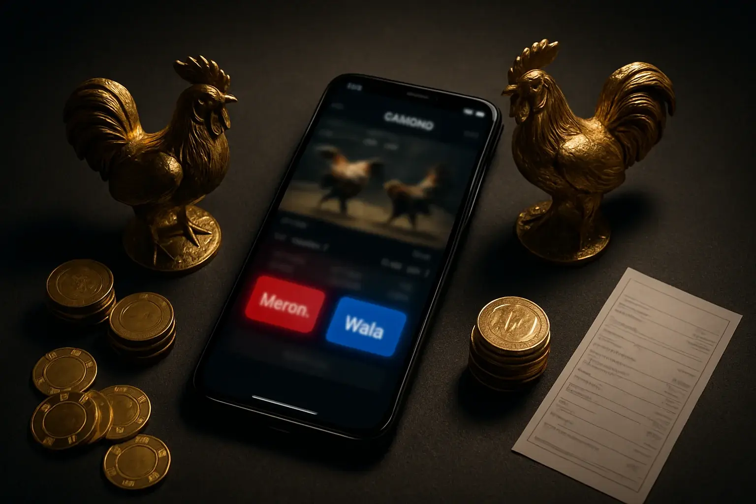 Smartphone with sabong betting interface, golden roosters, coins, and chips