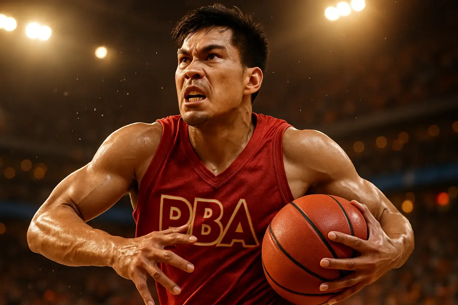 Filipino PBA basketball player mid-air driving powerfully toward the basket
